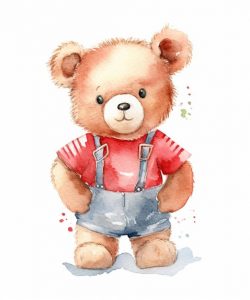 there-is-watercolor-painting-teddy-bear-wearing-overalls-generative-ai_1034072-26050